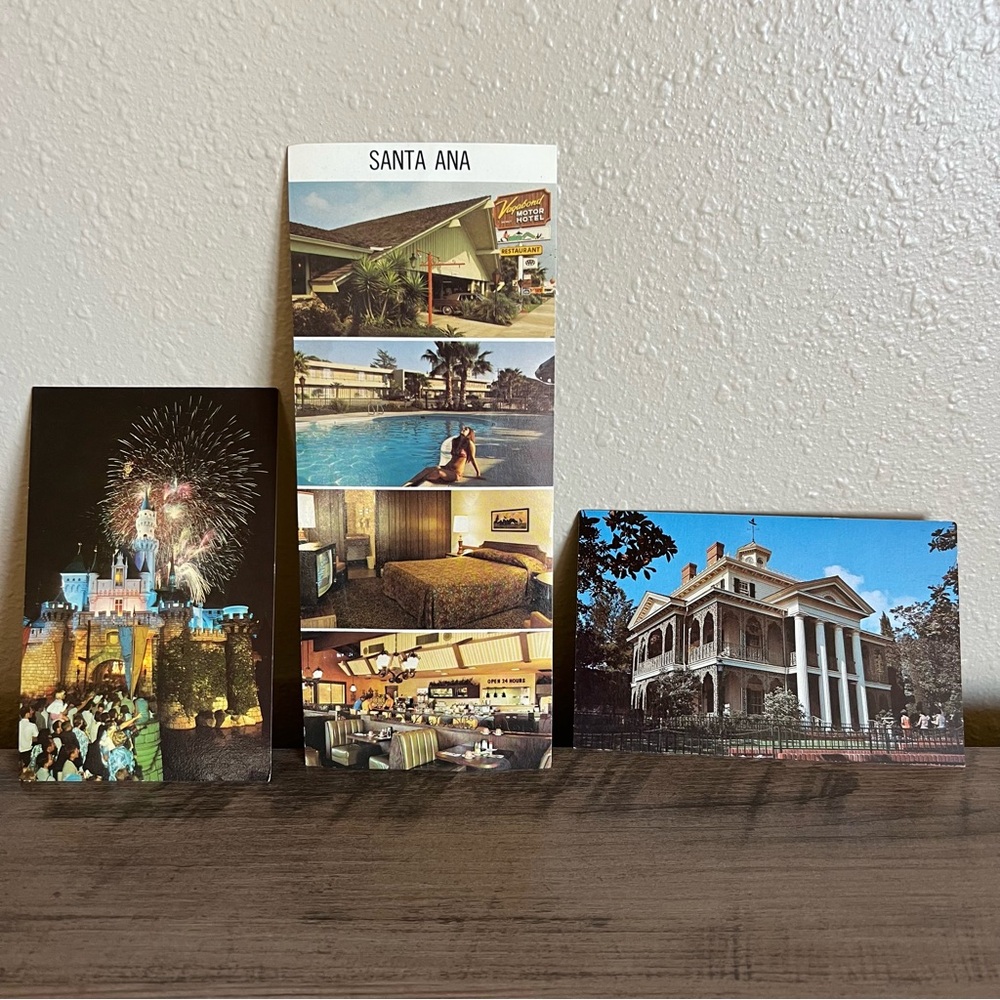 VTG 1970s Postcards Disneyland Castle Haunted Mansion Santa Ana Hotel Set of 3